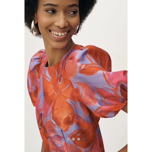 Anthropologie Hutch Puff-Sleeve Ruffled Shift Mini Dress Sz XL Pink Pattern - Picture 3 of 11